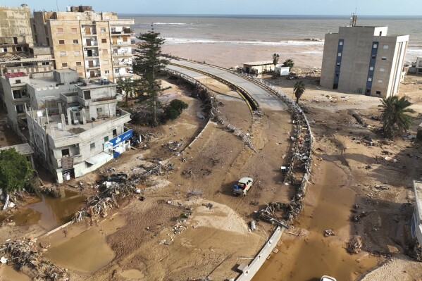 A general view of the city of Derna is seen on Tuesday, Sept. 12, 2023. Mediterranean storm Daniel caused devastating floods in Libya that broke dams and swept away entire neighborhoods in multiple coastal towns, the destruction appeared greatest in Derna city. (AP Photo/Jamal Alkomaty)