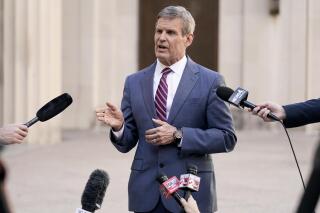 FILE - In this Jan. 19, 2021 file photo, Tennessee Gov. Bill Lee answers questions after he spoke to a joint session of the legislature at the start of a special session on education, in Nashville, Tenn. Lee on Friday, May 5 echoed arguments in favor of a bill that would restrict what concepts on institutional racism can be taught in school, saying students should learn “the exceptionalism of our nation," not things that “inherently divide” people. (AP Photo/Mark Humphrey, File)