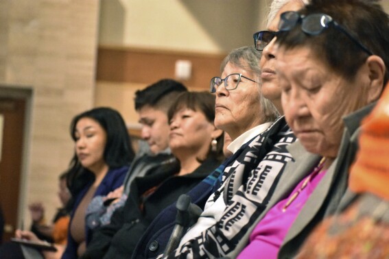 Elders from the Northern Cheyenne Tribe in southeastern Montana listen to speakers during a session for survivors of government-sponsored Native American boarding schools, in Bozeman, Mont., Sunday, Nov. 5, 2023. The Interior Department says more than 400 of the abusive, government-backed schools operated across the U.S. (AP Photo/Matthew Brown)