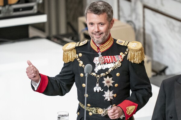 FILE - Danish Crown Prince Frederik delivers his speech to Danish Queen Margrethe II at the gala banquet at Christiansborg Palace in Copenhagen, Denmark, Sunday, Sept. 11, 2022. As a teenager, Crown Prince Frederik felt uncomfortable being in the spotlight, and pondered whether there was any way he could avoid becoming king. All doubts have been swept aside as the 55-year-old takes over the crown on Sunday, Jan. 14, 2024 from his mother, Queen Margrethe II, who is breaking with centuries of Danish royal tradition and retiring after a 52-year reign. (Mads Claus Rasmussen/Ritzau Scanpix via AP, File)