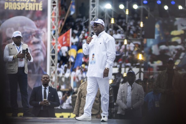 Congo president Félix Tshisekedi attends a campaign rally ahead of the presidential elections, in Kinshasa, Democratic Republic of Congo, Sunday, Nov. 19, 2023. (AP Photo/Samy Ntumba Shambuyi)