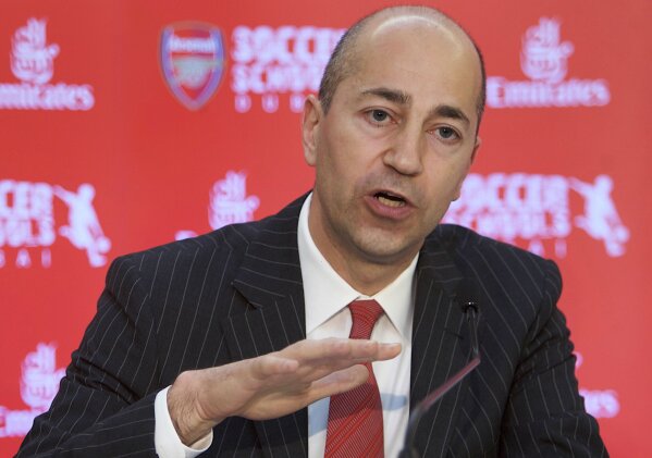 FILE - In this Thursday, May 21, 2009 file photo, Ivan Gazidis, CEO of Arsenal Football Club, speaks during the press conference in Dubai, United Arab Emirates.  AC Milan chief executive Ivan Gazidis said Tuesday Dec. 22, 2020, that he is trying to resist the “destructive pressure to spend, spend, spend” as he spearheads the club's revival. (AP Photo/Nousha Salimi, FILE)
