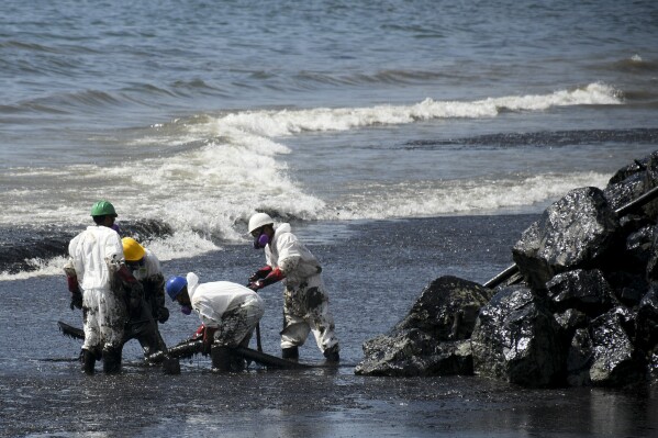 Workers from state own Heritage Petroleum Oil and Gas Company clean up an oil spill that reached Rockly Bay beach, in Scarborough, south western Tobago, Trinidad and Tobago, Sunday, Feb. 11, 2024. (AP Photo/Akash Boodan)