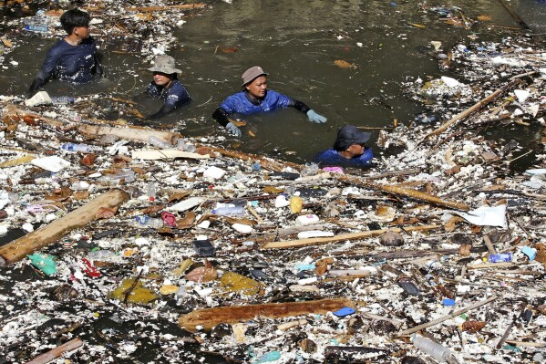 Environmental activists and volunteers pick up trash from a garbage-strewn river during a clean up in Pecatu, Bali, Indonesia on March 22, 2024. (AP Photo/Firdia Lisnawati)
