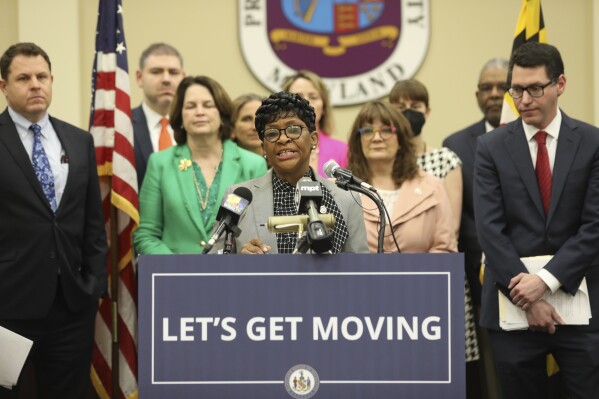 Maryland House Speaker Adrienne Jones, a Baltimore County Democrat, announces a plan to raise more than $1 billion in revenue for K-12 education and transportation during a news conference with other House Democrats on Friday, March 15, 2024 in Annapolis, Md. (AP Photo/Brian Witte)