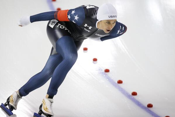 Brittany Bowe, of the United States, skates to victory in the women's 1500-meter competition at the ISU World Cup speedskating event in Calgary, Alberta, Sunday, Dec. 12, 2021. (Jeff McIntosh/The Canadian Press via AP)