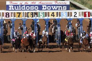 FILE - Horses leave the starting gate at Ruidoso Downs Racetrack and Casino in Ruidoso, N.M., Sept. 6, 2010. A top horse racing official in New Mexico says easing rules around online betting would help to ensure the industry's survival amid intense competition for gambling dollars. (Rudy Gutierrez/The El Paso Times via AP, File)