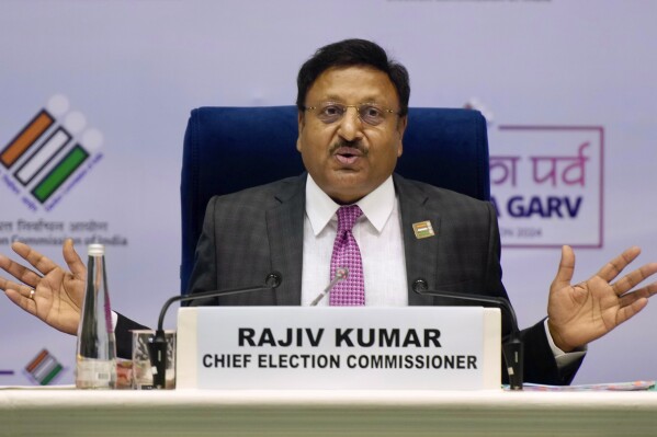 Chief Election Commissioner of India, Rajiv Kumar, speaks at a press conference organized by the commission to announce dates for the national elections, in New Delhi, India, Saturday, March 16, 2024. (AP Photo/Manish Swarup)