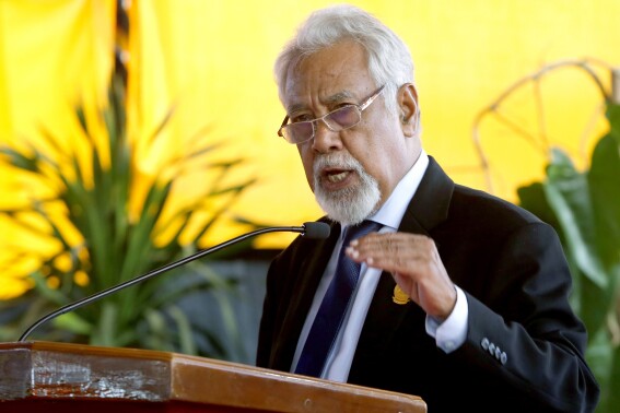 New East Timorese Prime Minister Xanana Gusmao delivers a speech during his inauguration in Dili, the capital of East Timor, Saturday, July 1, 2023. Former East Timor independence fighter Xanana Gusmao was sworn in on Saturday as prime minister of Asia's youngest country after his party won the parliamentary election in May. (AP Photo/Lorenio L. Pereira)