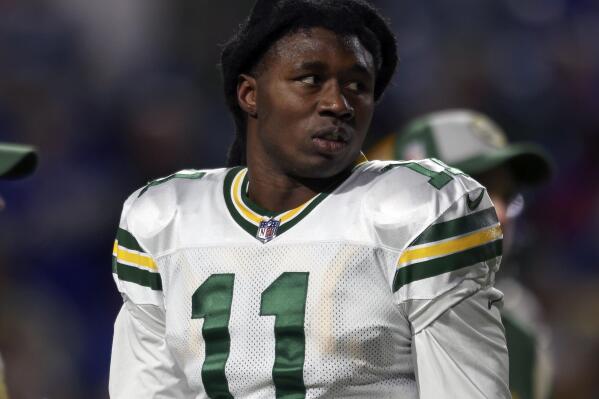 FILE - Green Bay Packers wide receiver Sammy Watkins (11) warms up prior to an NFL football game against the Buffalo Bills, Oct. 30, 2022, in Orchard Park, N.Y. The Packers have released Watkins in advance of their Monday, Dec. 19, 2022, game with the Los Angeles Rams. (AP Photo/Bryan Bennett, File)