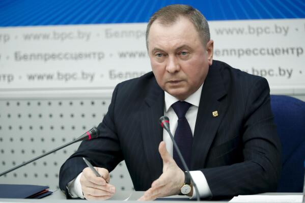 FILE - Belarusian Foreign Minister Vladimir Makei gestures while speaking during his annual news conference in Kyiv, Belarus, Wednesday, Feb. 16, 2022. Belarusian Foreign Minister Vladimir Makei, a close ally of authoritarian President Alexander Lukashenko, has died at age 64, the state news agency Belta reported Saturday, Nov. 26, 2022. No cause of death was stated. (AP Photo, File)