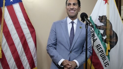 FILE - California Assembly Speaker Robert Rivas, D-Hollister, smiles as he talks with reporters at the Capitol in Sacramento, Calif., Friday, June 30, 2023. Rivas has said little about his specific priorities as speaker but has emphasized the importance of a unified caucus. (AP Photo/Rich Pedroncelli, File)