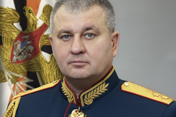 This photo released by Russian Defense Ministry Press Service, shows Lt. Gen. Vadim Shamarin, deputy chief of the Russian military general staff, posing for an official photo in Moscow, Russia, on Friday, Oct. 6, 2023. A deputy chief of the Russian military general staff has been arrested on charges of large-scale bribery, Russian news reports said Thursday, the latest in a series of bribery arrests of high-ranking military officials. (Russian Defense Ministry Press Service photo via AP)