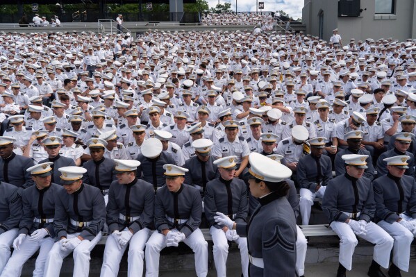 Cadets gather ahead of commencement ceremonies for the United States Military Academy in West Point, N.Y., Saturday, May 24, 2025. (AP Photo/Adam Gray)