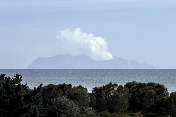 FILE - Plumes of steam rise above White Island off the coast of Whakatane, New Zealand, on Dec. 11, 2019, following a volcanic eruption on Dec. 9. Three helicopter tour operators pleaded guilty on Friday, July 7, 2023, to safety breaches when New Zealand’s White Island volcano erupted in 2019, claiming 22 lives. (AP Photo/Mark Baker, File)