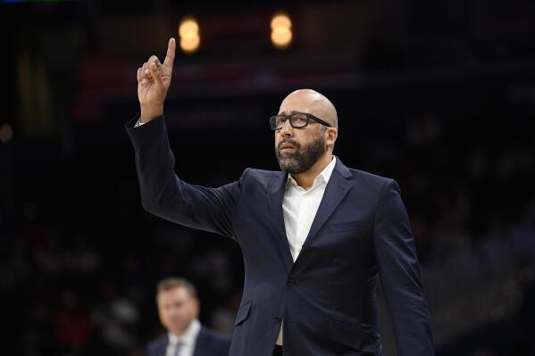 FILE - In this Oct. 7, 2019, file photo, New York Knicks coach David Fizdale gestures during the first half of the team's NBA preseason basketball game against the Washington Wizards in Washington. Former Knicks coach Fizdale has joined his hometown Los Angeles Lakers as the lead assistant coach on Frank Vogel's staff. The Lakers also hired John Lucas III as an assistant coach and named Roger Sancho their head athletic trainer Wednesday, Sept. 15, 2021. (AP Photo/Nick Wass, File)