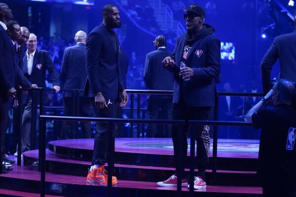 NBA greats LeBron James (left) and Dennis Rodman (right) are honored for  being selected to the NBA 75th Anniversary Team during halftime in the 2022  NBA All-Star Game at Rocket Mortgage FieldHouse.