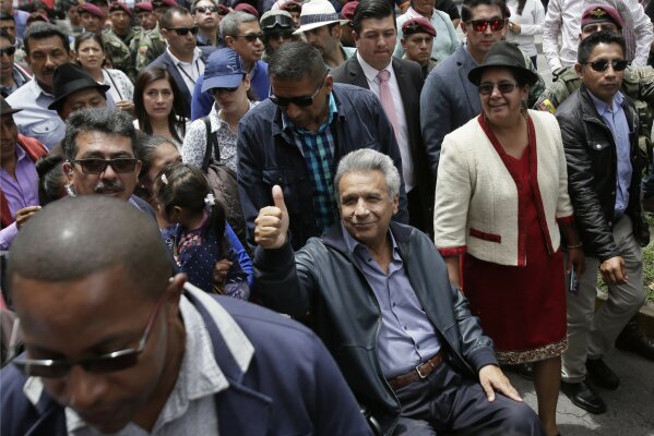 
              Ecuador's President Lenin Moreno flashes a thumbs up after attending the inauguration of the "Agua Para Todos" or "Water for Everyone" government program, in Latacunga, Ecuador,  Thursday, April 11, 2019.  Moreno said in a video posted on Twitter Thursday that he revoked the political asylum for Wikileaks founder Julian Assange due to “repeated violations to international conventions and daily-life protocols.” (AP Photo/Dolores Ochoa)
            