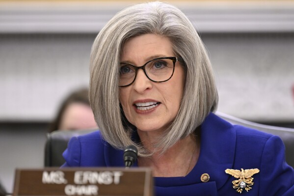 Sen. Joni Ernst, R-Iowa, speaks at a hearing on Capitol Hill Jan. 29, 2025, in Washington. (AP Photo/John McDonnell, File)