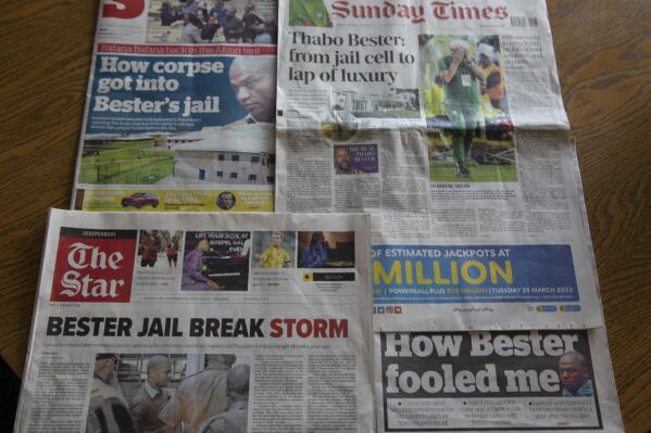 A collage of newspapers report on the story of South African police having launched a manhunt for convicted rapist and murderer Thabo Bester, who escaped from a privately-run maximum security prison in the Free State province under bizarre circumstances. Bester, known as the "Facebook rapist," was found guilty in 2012 of raping two women and killing one after luring them with the social media platform. (AP Photo/Denis Farrell)