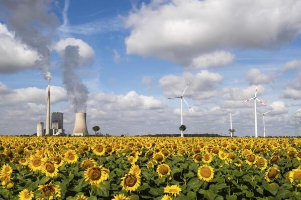 FILE - A field of sunflowers is within sight of the Mehrum coal-fired power station, wind turbines and high-voltage lines in Mehrum, Germany, Monday, Aug. 3, 2020. Chancellor Olaf Scholz says Germany’s decision to reactivate coal and oil-fired power plants to relieve energy shortages because of the war in Ukraine is only temporary and his government remains committed to doing “everything” to combat the climate crisis. (Julian Stratenschulte/dpa via AP, File)