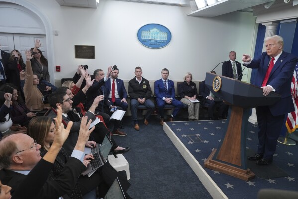 President Donald Trump takes questions while speaking with reporters in the James Brady Press Briefing Room at the White House, Thursday, Jan. 30, 2025, in Washington. (AP Photo/Jacquelyn Martin)