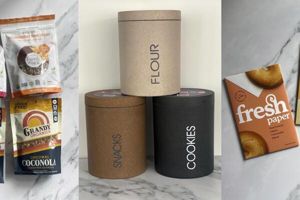 This combination of photos shows a variety of organic snack, left, upcycled storage containers by Loopy Products, center, and botanically infused papers from The Fresh Glow Co,. which are designed to keep foods fresher longer, and are organic and compostable. (Katie Workman via AP)