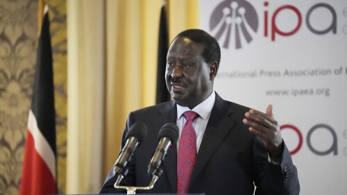 Kenya's opposition leader Raila Odinga speaks during a press briefing with journalists in Nairobi, Kenya, Tuesday, 25, July, 2023. Opposition parties in Kenya said on Tuesday they are filing charges of "police atrocities" that left 30 people dead at the International Criminal Court in the wake of protests against the rising cost of living and the imposition of new taxes. (AP Photo/ Khalil Senosi)