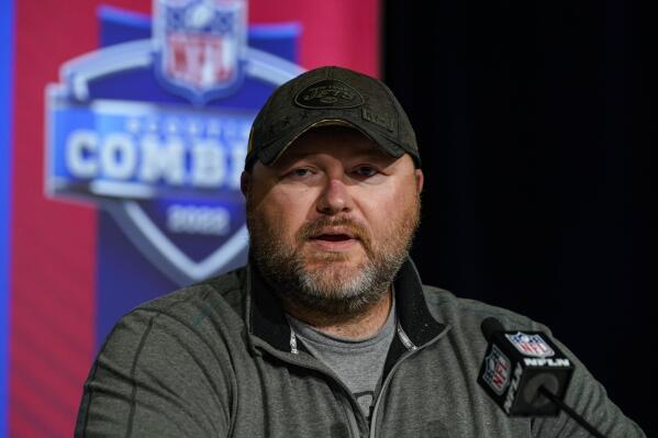 New York Jets general manager Joe Douglas speaks during a press conference at the NFL football scouting combine in Indianapolis, Wednesday, March 2, 2022. (AP Photo/Michael Conroy)