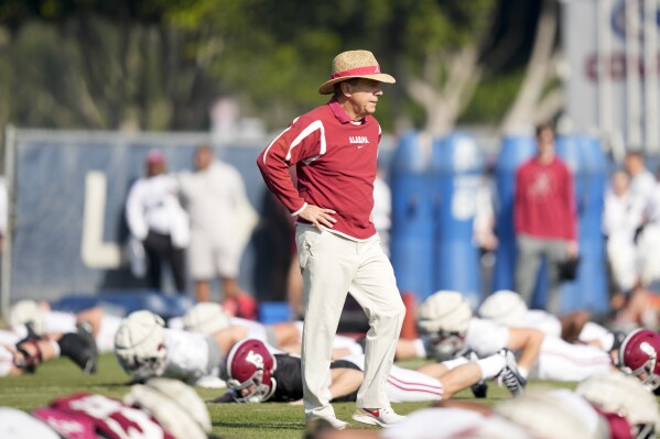 Alabama head coach Nick Saban attends practice Thursday, Dec. 28, 2023, in Carson, Calif. Alabama is scheduled to play against Michigan on New Year's Day in the Rose Bowl, a semifinal in the College Football Playoff. (AP Photo/Ryan Sun)