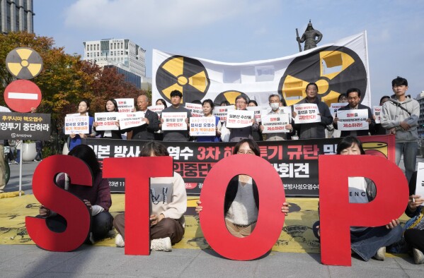 Members of civic groups stage a rally to demand the stop of the Japans release of treated radioactive water from the damaged Fukushima nuclear power plant into ocean in Seoul South Korea Thursday Nov 2 2023 AP PhotoAhn Young-joon