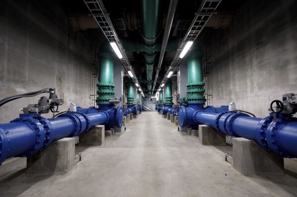 Equipment sits inside the Sweeney Water Treatment Plant, which processes water for much of New Hanover County in Wilmington, N.C., Monday, April 28, 2025. (AP Photo/Ben McKeown)