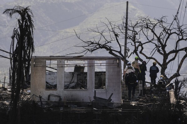 FILE - Search and rescue team members work in a residential area devastated by a wildfire in Lahaina, Hawaii, Friday, Aug. 18, 2023. When the most deadly U.S. fire in a century ripped across the Hawaiian island, it damaged hundreds of drinking water pipes, resulting in a loss of pressure that likely allowed toxic chemicals along with metals and bacteria into water lines. Experts are using strong language to warn Maui residents in Lahaina and Upper Kula not to filter their own tap water. (AP Photo/Jae C. Hong, File)