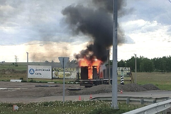 The photo, released by Irkutsk Regional Gov. Igor Kobzev's Telegram Channel on Sunday, June 1, 2025, clearly shows the combustion truck used to launch a Ukrainian drone. (Irkutsk Gov. Igor Kobzev Telegram Channel via AP, file)