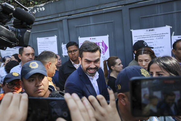 Presidential candidate Jorge Álvarez Máynez arrives to vote in the general election in Mexico City, Sunday, June 2, 2024. (AP Photo/Ginnette Riquelme)