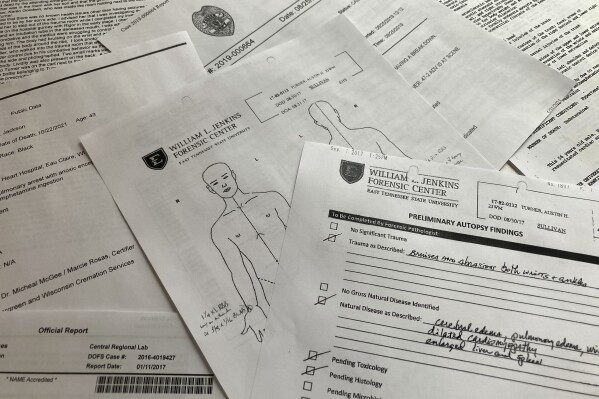 Some of the documents obtained during the Lethal Restraint investigation by The Associated Press in collaboration with the Howard Centers for Investigative Journalism and FRONTLINE (PBS) are photographed in New York on Wednesday, March 27, 2024. After George Floyd was killed under a Minneapolis police officer's knee, reporters at The Associated Press wanted to know how many other people died following encounters in which law enforcement used not firearms but other kinds of force that is not supposed to be fatal. (AP Photo/Patrick Sison)