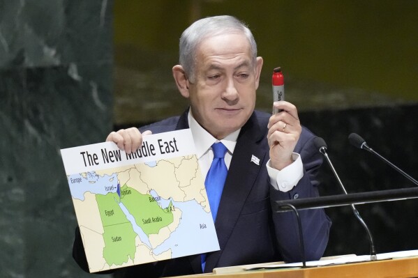 Israeli Prime Minister Benjamin Netanyahu addresses the 78th session of the United Nations General Assembly, Friday, Sept. 22, 2023 at United Nations headquarters. (AP Photo/Mary Altaffer)