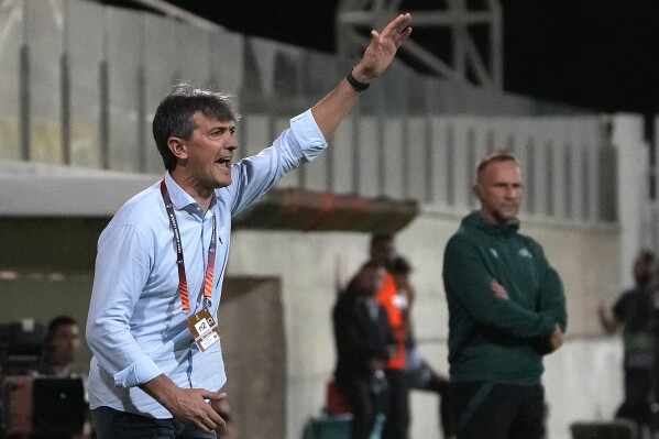 FILE - Villarreal's manager Pacheta gives instructions to his players during the Europa League group F soccer match between Maccabi Haifa and Villarreal, at AEK arena stadium in Larnaca, Cyprus, on Nov. 9, 2023. Villarreal has parted ways with its second coach of the season after it announced the departure of coach José “Pacheta” Rojo on Friday Nov. 10, 2023. (AP Photo/Petros Karadjias, File)