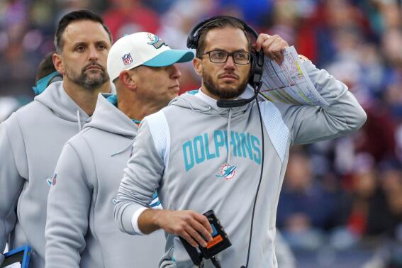 Miami Dolphins head coach Mike McDaniel looks on during the second quarter the start of an NFL football game, in Foxborough, Mass., Sunday, Jan. 1, 2023. (David Santiago/Miami Herald via AP)