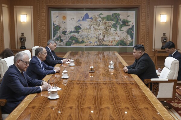 In this photo released by Russian Foreign Ministry Press Service via their telegram channel, Korean leader Kim Jong Un, second right, and Russian Foreign Minister Sergey Lavrov, second left, attend the talks in Pyongyang, North Korea, on Thursday, Oct. 19, 2023. (Russian Foreign Ministry Press Service telegram channel via AP)