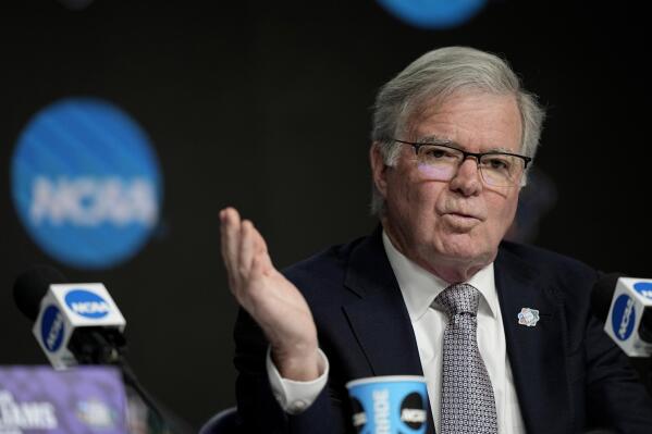 NCAA president Mark Emmert answers a question during a news conference at the men's Final Four NCAA college basketball tournament Thursday, March 31, 2022, in New Orleans. (AP Photo/David J. Phillip)