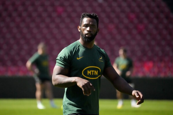 South Africa's Siya Kolisi during their practise at Ellis Park stadium in Johannesburg, South Africa, Friday, July 28, 2023, ahead of their Rugby Championship test against Argentina on Saturday, July 29, 2023. (AP Photo/Themba Hadebe)
