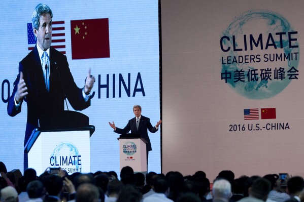 FILE - U.S. Secretary of State John Kerry delivers a keynote address at the U.S.-China Climate-Smart/Low-Carbon Cities Summit held at a hotel in Beijing, June 7, 2016. (AP Photo/Andy Wong, Pool, File)