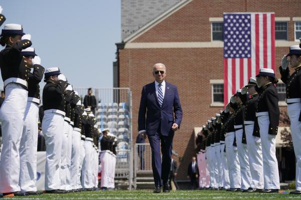 President Joe Biden arrives to speak at the commencement for the United States Coast Guard Academy in New London, Conn., Wednesday, May 19, 2021. (AP Photo/Andrew Harnik)