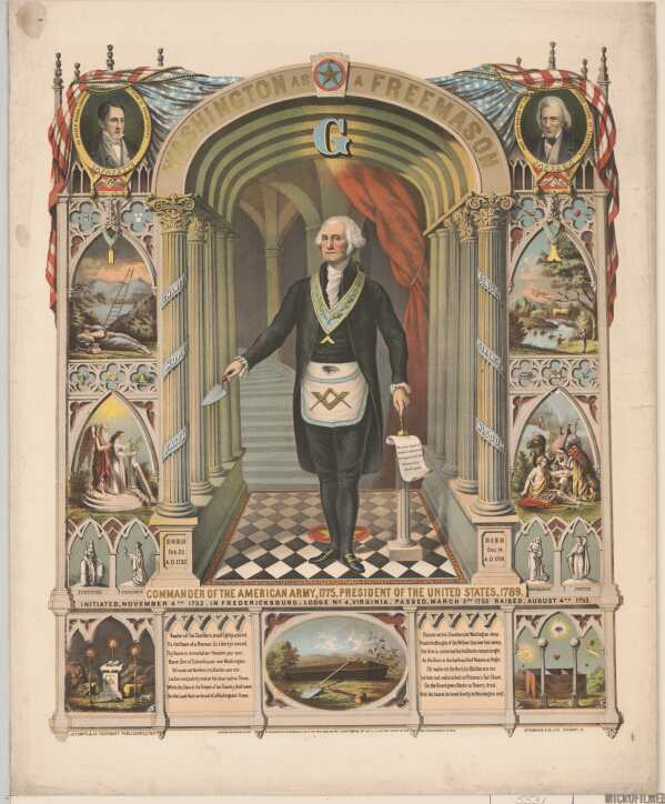 This image provided by the Library of Congress shows a chromolithograph titled "Washington as a Freemason, Commander of the American Army, 1775, President of the United States, 1789" published circa 1870. The Freemasons counted many leading figures like Washington as members and their influence fueled whispers that suggested the fraternal organization was a Satanic conspiracy bent on ruling the world. (Strobridge & Co. Lith./Library of Congress via AP)