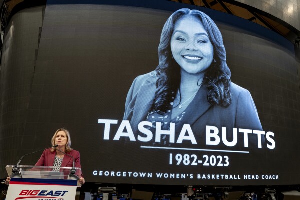 Big East Commissioner Val Ackerman speaks about Georgetown University women's basketball coach Tasha Butts during the Big East NCAA College Basketball Media Day at Madison Square Garden in New York, Tuesday, Oct. 24, 2023 (Tasha Butts) speech. Butts died Monday after a two-year battle with breast cancer, the school's athletic director said.  (AP Photo/Craig Rattle)