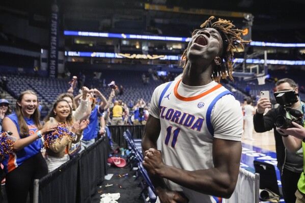 Florida guard Denzel Aberdeen reacts as he leaves the court after the Gators defeated Texas A&M in an NCAA college basketball game at the Southeastern Conference tournament Saturday, March 16, 2024, in Nashville, Tenn. (AP Photo/John Bazemore)