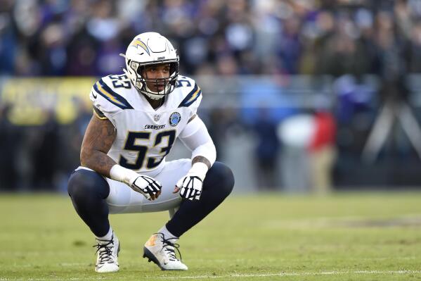 FILE - In this Jan. 6, 2019, file photo, Los Angeles Chargers center Mike Pouncey kneels on the field during the second half of the team's NFL wild card playoff football game against the Baltimore Ravens in Baltimore. Pouncey has been placed on injured reserve and will miss the season because of a hip injury.
General manager Tom Telesco said Thursday, Sept. 17, 2020, that Pouncey will undergo surgery before the end of the month. (AP Photo/Gail Burton, File)