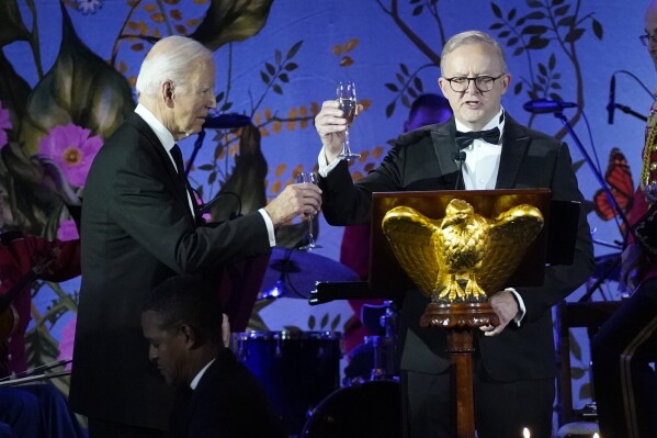 President Joe Biden toasts with Australia's Prime Minister Anthony Albanese during a State Dinner at the White House, Wednesday, Oct. 25, 2023, in Washington. (AP Photo/Evan Vucci)