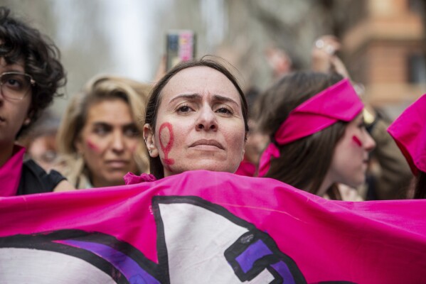 Women take part in a Transfeminist strike on International Women's Day, in Rome, Saturday, March 8, 2025 (Valentina Stefanelli/LaPresse via AP)